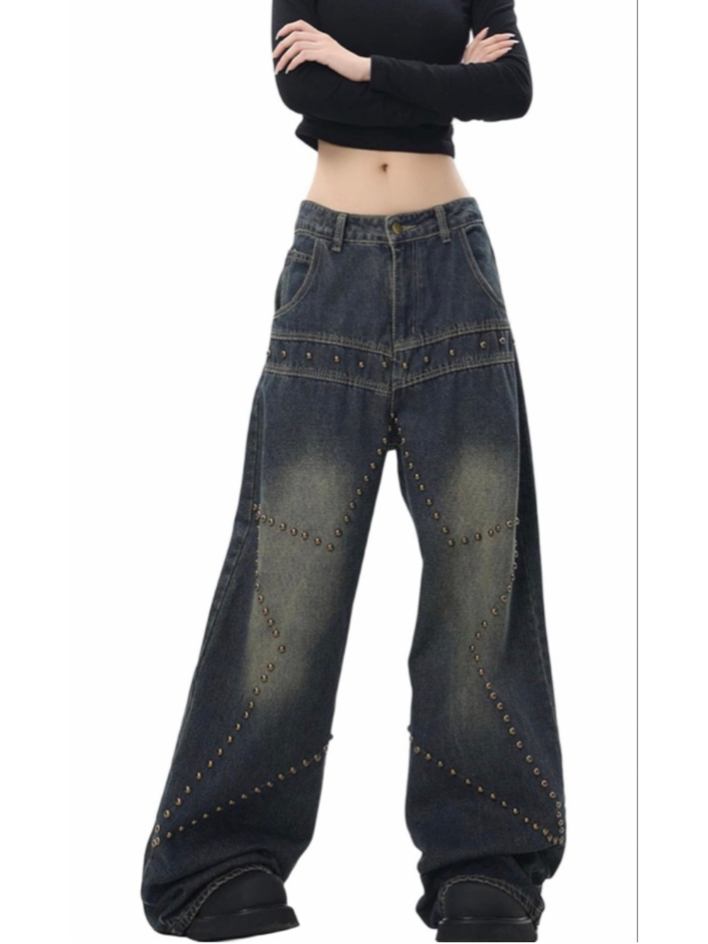 NEW Street Fashion Loose Jeans Y2k Rivet Star Gothic Loose Denim XS